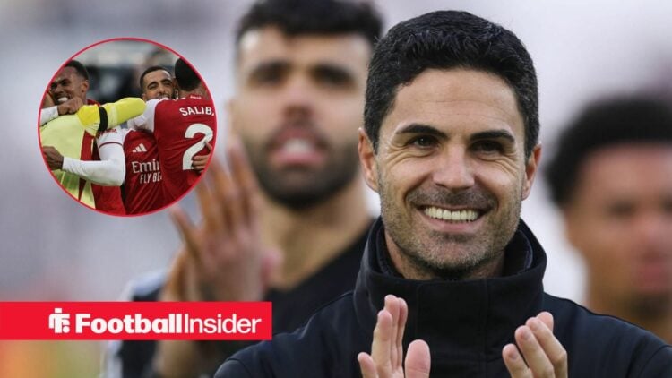 Arsenal manager Mikel Arteta smiles and claps with players celebrate inset
