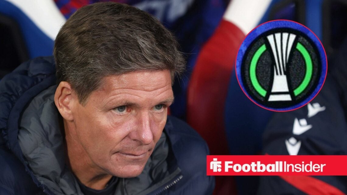 Crystal Palace manager Oliver Glasner with Conference League badge inset