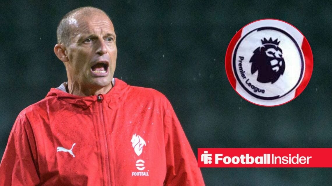 AC Milan manager Massimiliano Allegri with Premier League badge inset