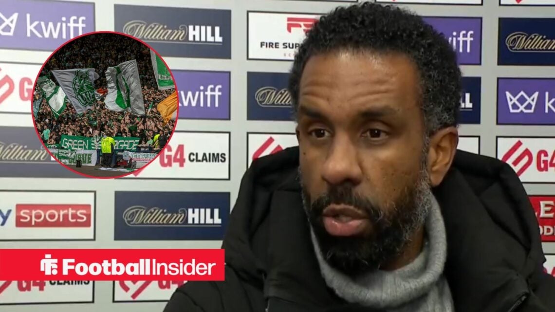 Celtic head coach Wilfried Nancy with Celtic fans inset