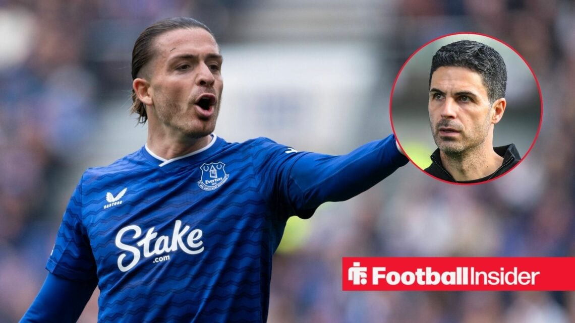 Jack Grealish looking at Mikel Arteta in circle