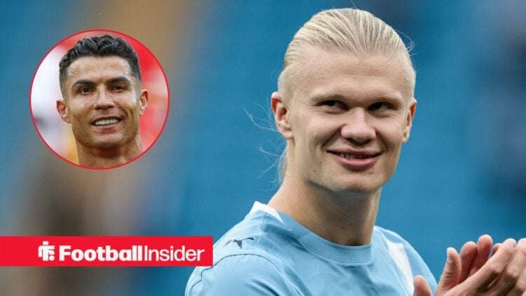 Manchester City striker Erling Haaland claps with Cristiano Ronaldo smiles inset