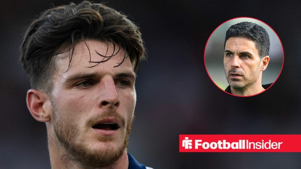 Arsenal midfielder Declan Rice with Mikel Arteta inset