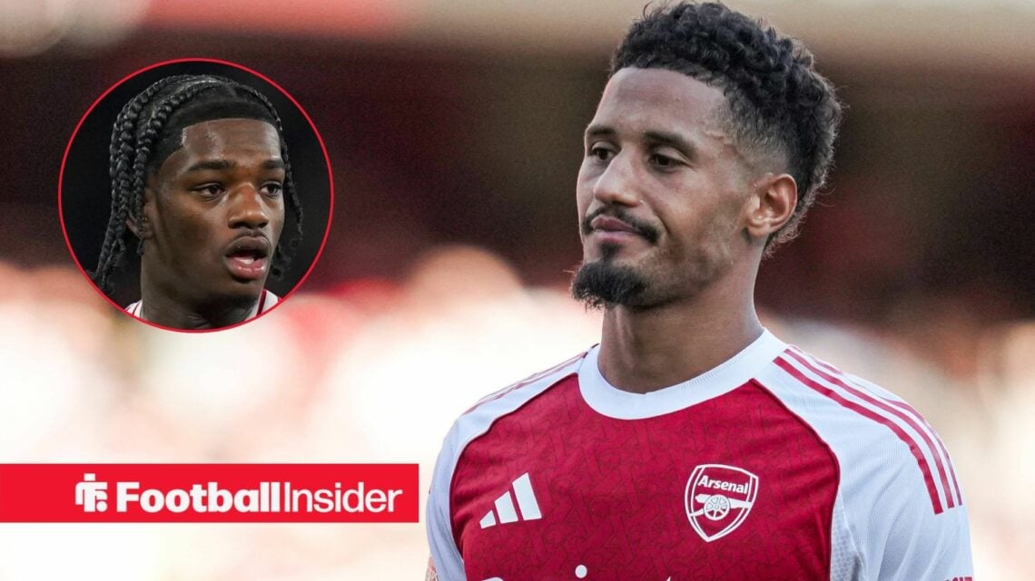 Arsenal defender William Saliba with Manchester United defender Ayden Heaven inset