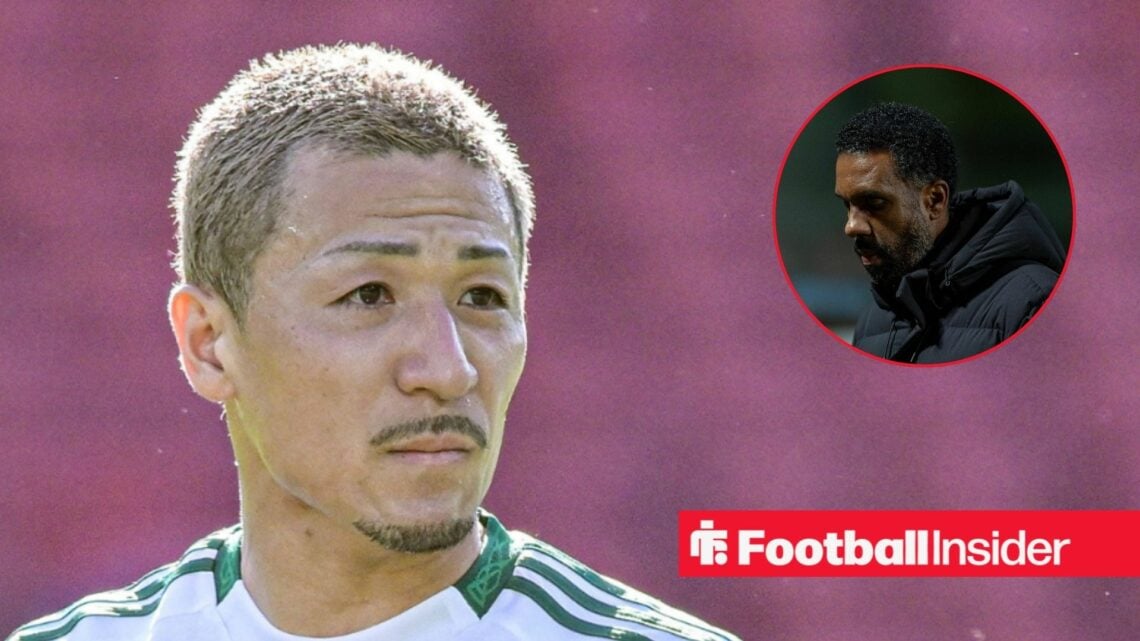 Daizen Maeda looking at Wilfried Nancy in circle