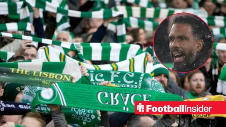 Celtic fans hold scarves with Wilfried Nancy shouts inset