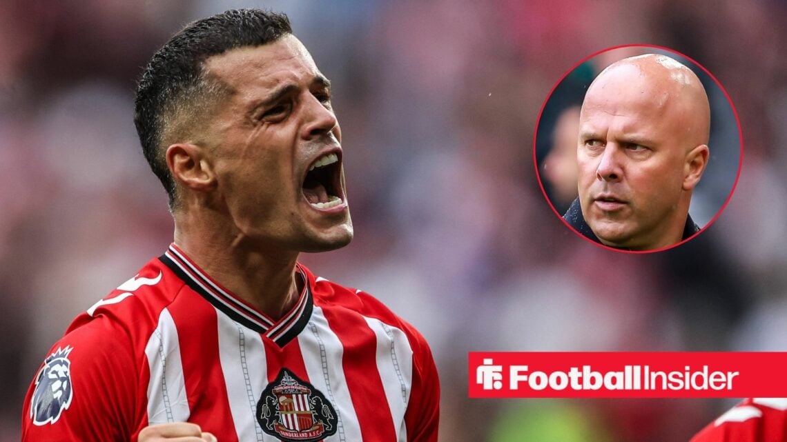 Sunderland midfielder Granit Xhaka celebrates with Liverpool manager Arne Slot inset