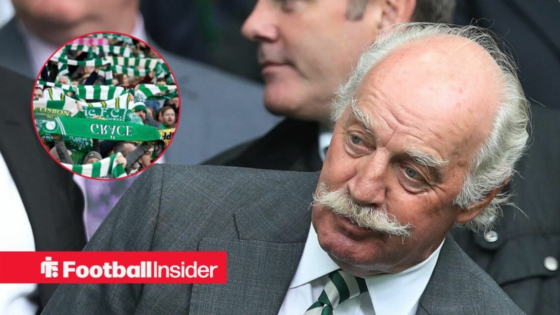 Celtic owner Dermot Desmond with Celtic fans inset