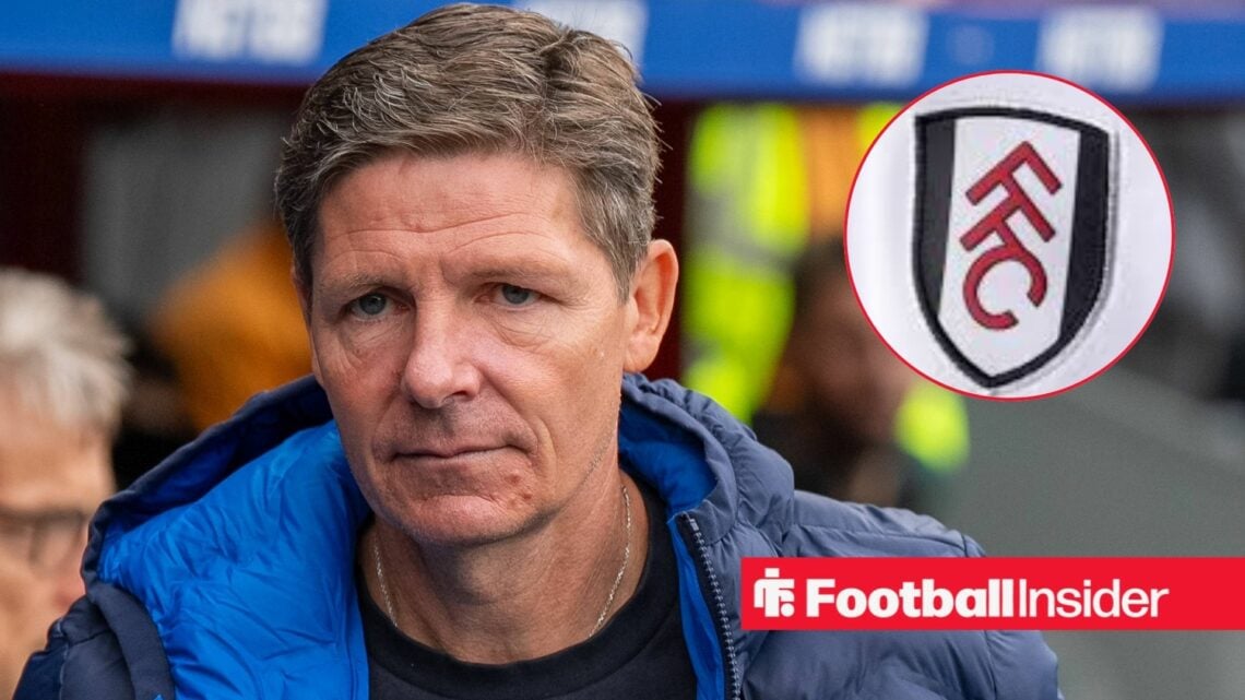 Crystal Palace manager Oliver Glasner with Fulham badge inset
