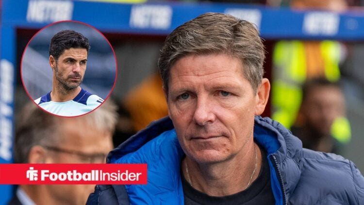 Oliver Glasner looking at Mikel Arteta in circle