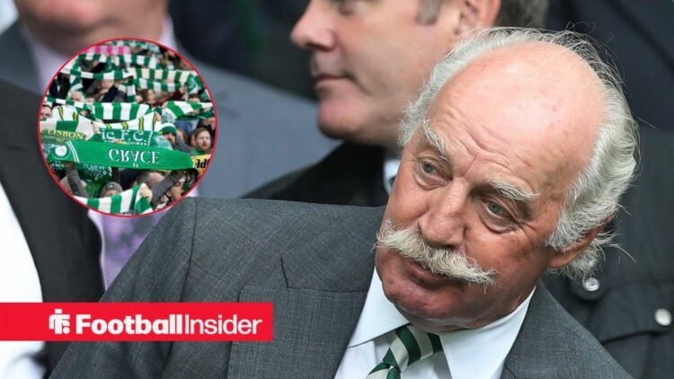 Celtic owner Dermot Desmond with Celtic fans inset