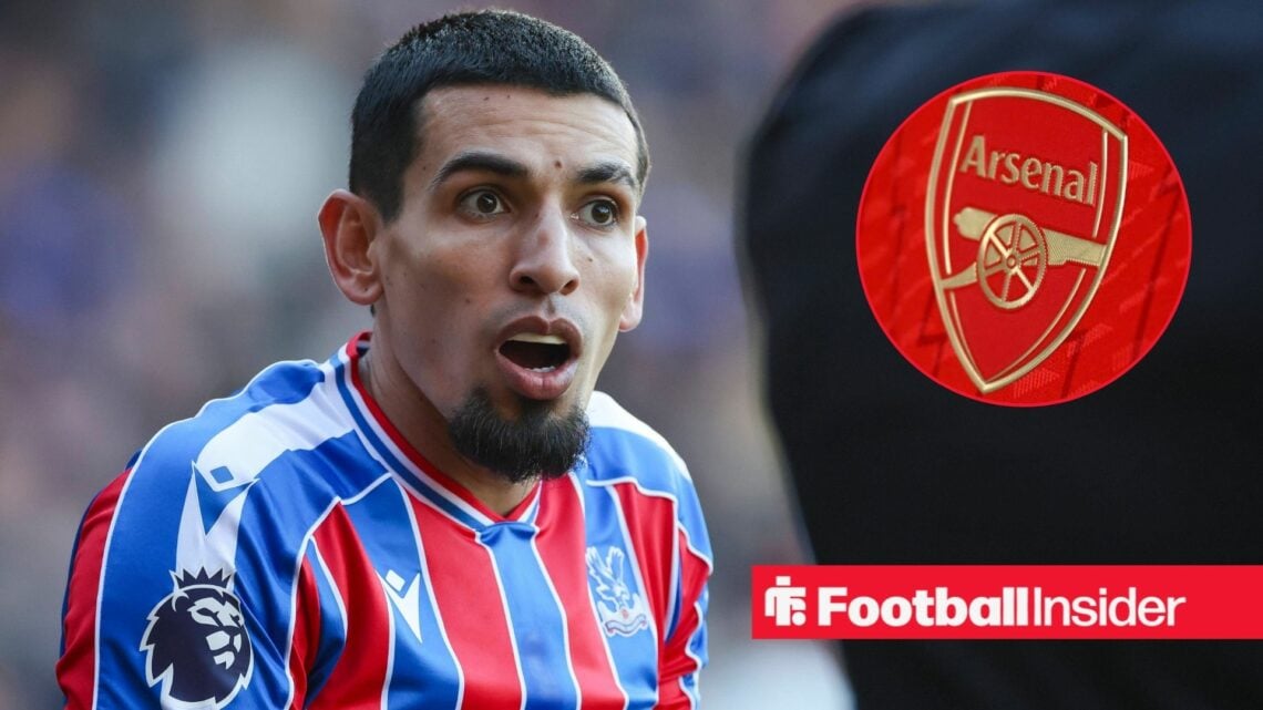 Crystal Palace defender Daniel Munoz looks confused with Arsenal badge inset