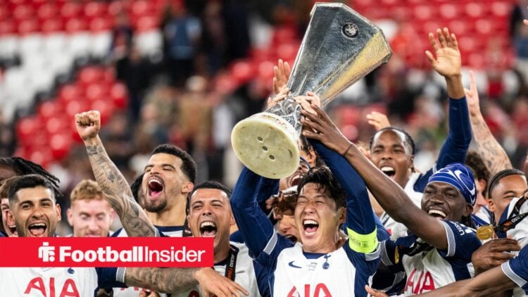 Tottenham players celebrate after lifting the Europa League