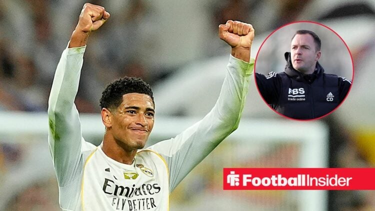 Jude Bellingham celebrating with Chris Davies in circle