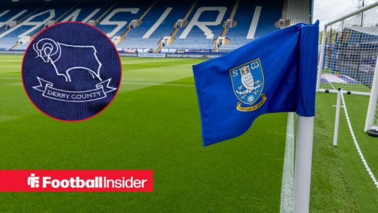 Sheffield Wednesday flag with Derby County badge in circle