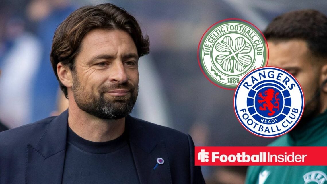 Former Rangers manager Russell Martin with Celtic and Rangers badges inset