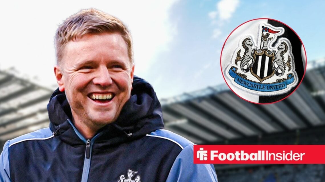 Newcastle United manager Eddie Howe smiles with Newcastle badge inset