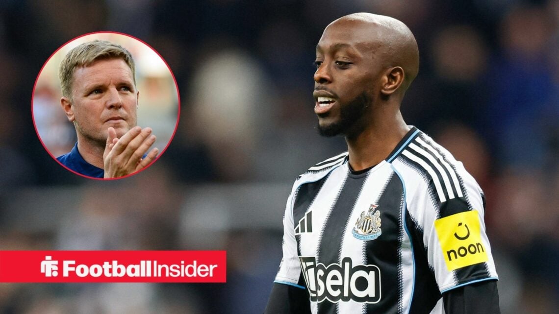 Newcastle United striker Yoane Wissa with Eddie Howe claps inset