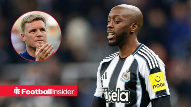 Newcastle United striker Yoane Wissa with Eddie Howe claps inset
