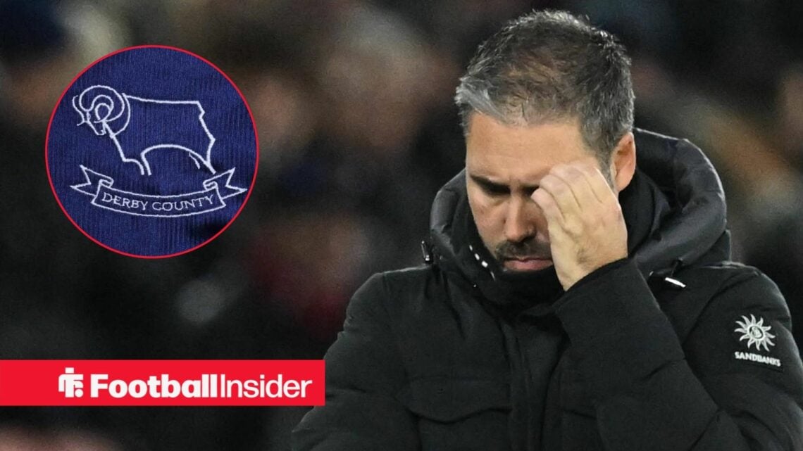 Leicester City manager Marti Cifuentes with Derby County badge inset