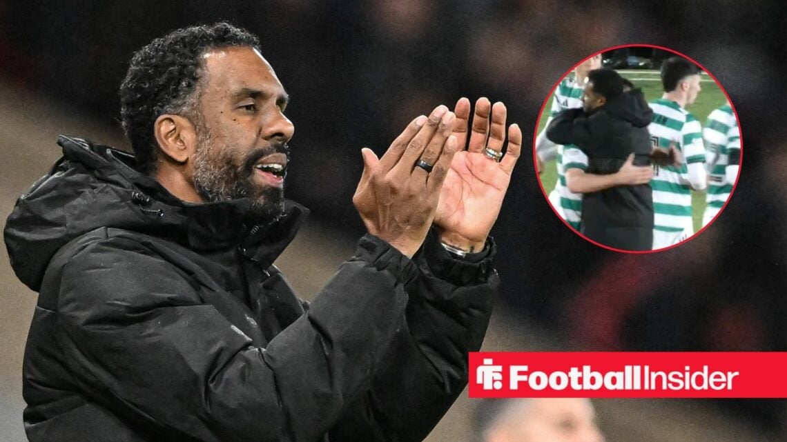 Celtic manager Wilfried Nancy claps with screenshot from video inset