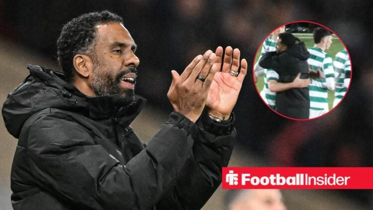 Celtic manager Wilfried Nancy claps with screenshot from video inset