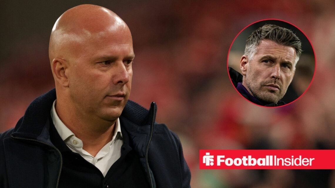 Liverpool manager Arne Slot with Wolves manager Rob Edwards inset