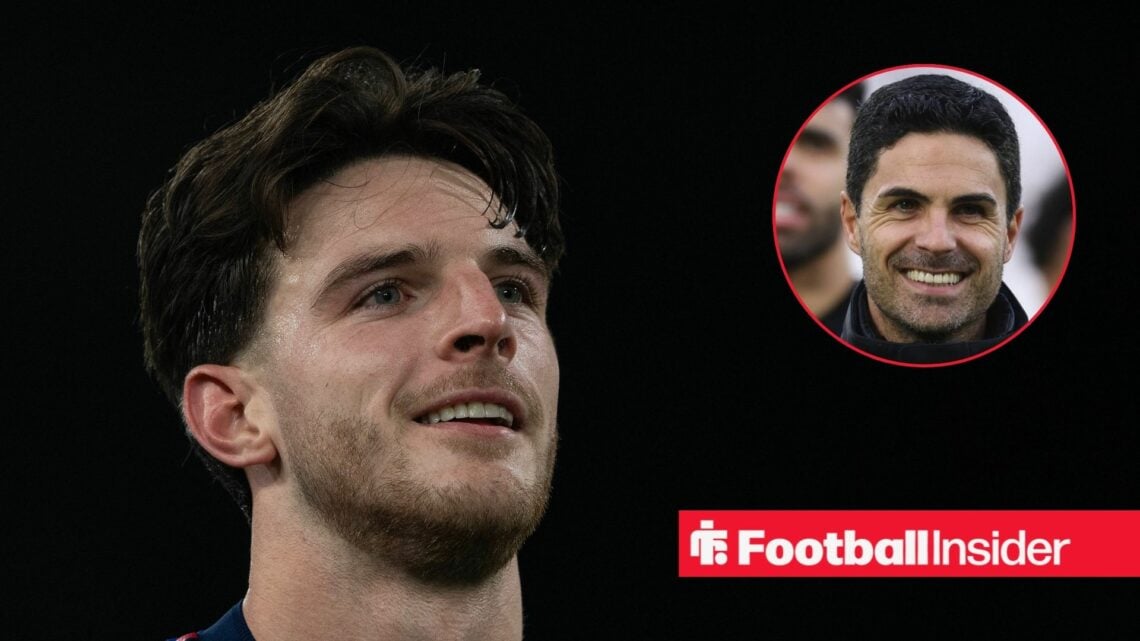 Arsenal midfielder Declan Rice with Mikel Arteta inset