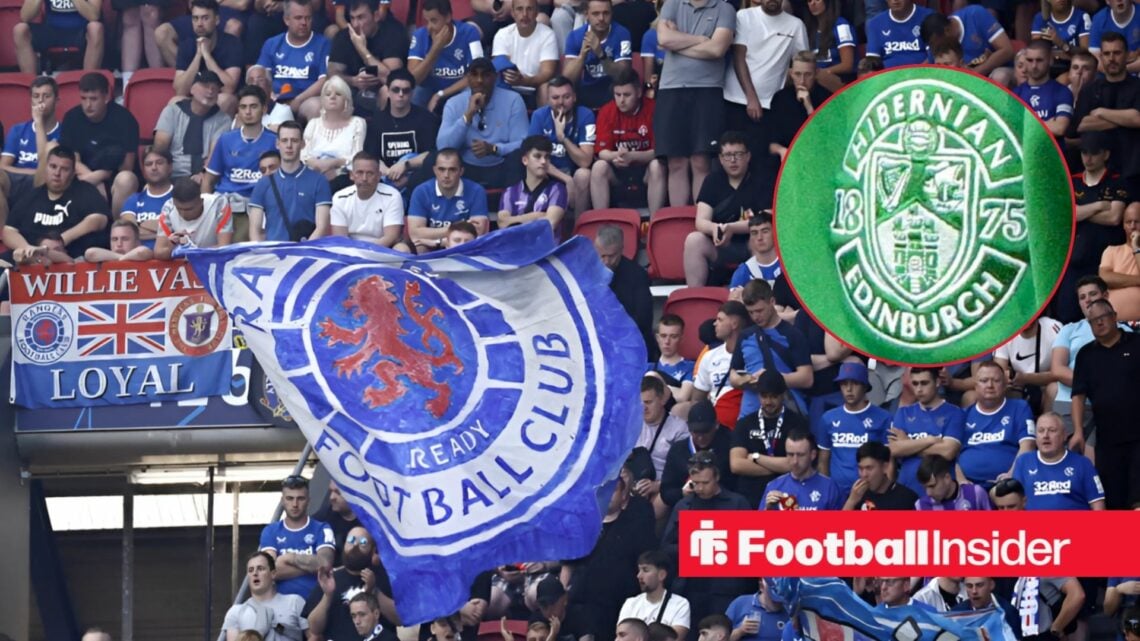 Rangers fans with Hibernian badge in circle