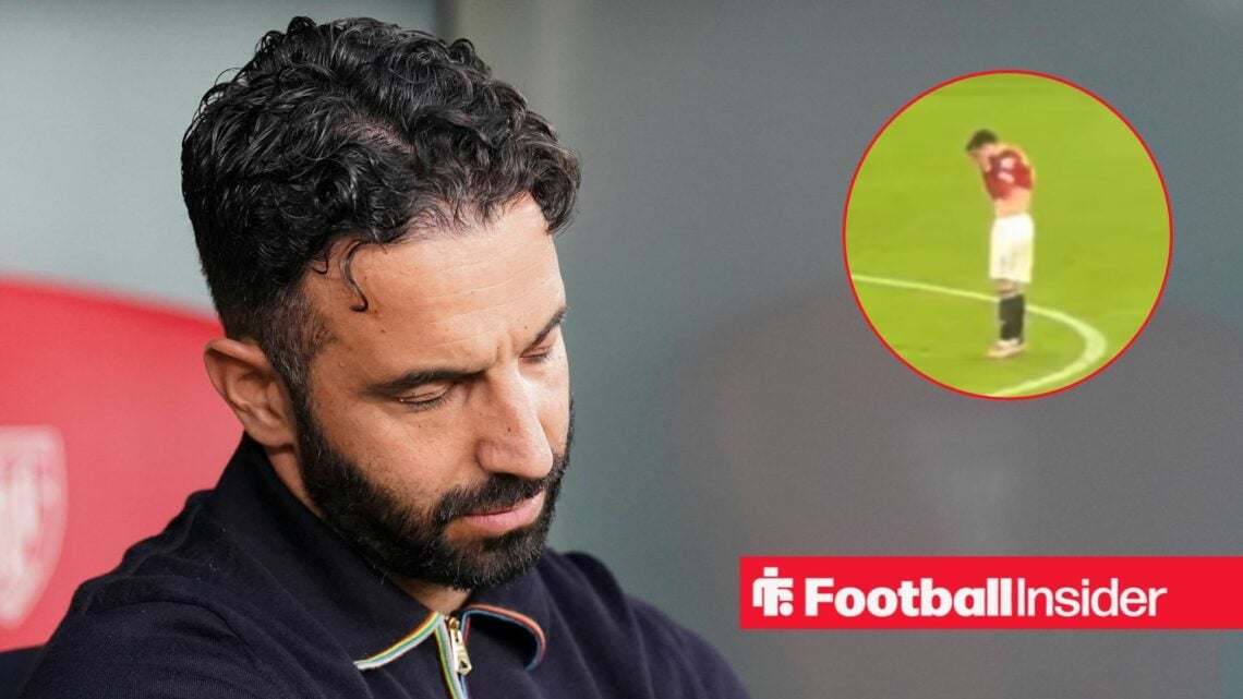 Manchester United manager Ruben Amorim looks downbeat with Bruno Fernandes covers his face inset