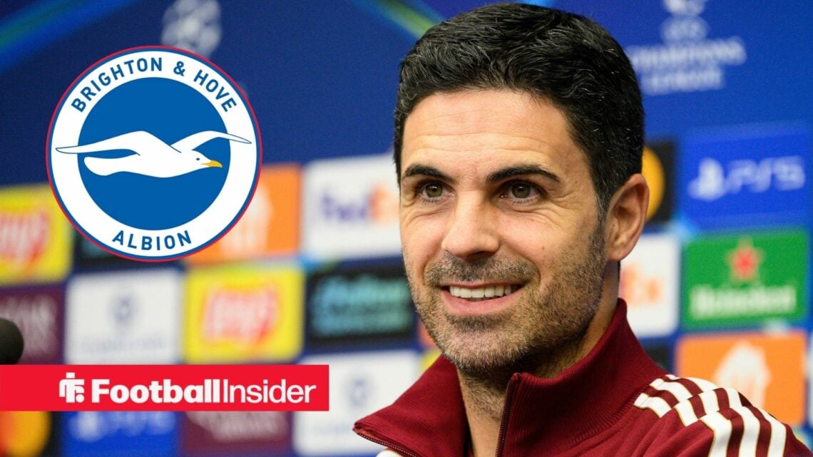 Arsenal manager Mikel Arteta smiles with Brighton badge inset