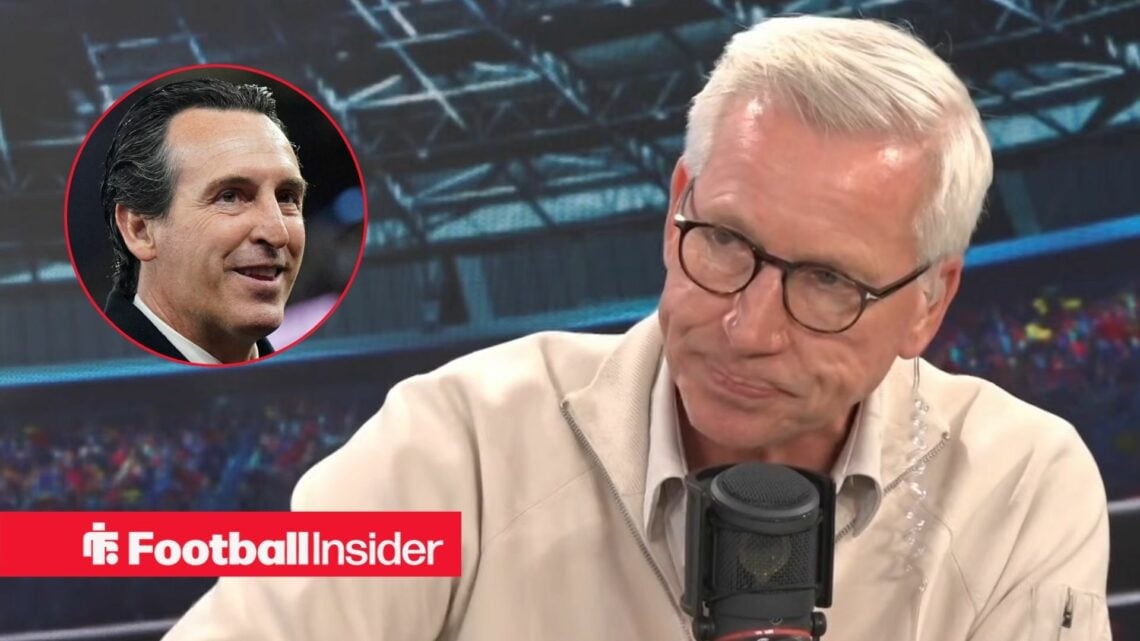 Former manager Alan Pardew with Aston Villa manager Unai Emery smiles inset