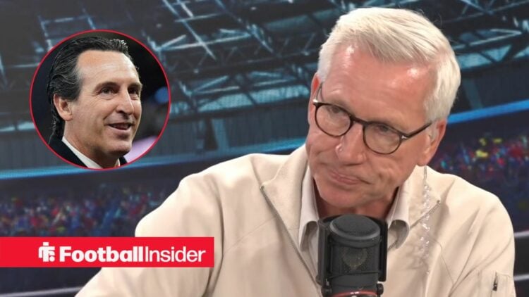 Former manager Alan Pardew with Aston Villa manager Unai Emery smiles inset