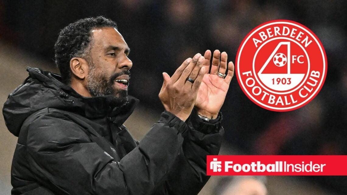 Celtic head coach Wilfried Nancy claps with Aberdeen badge inset