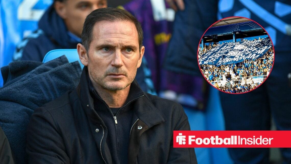 Frank Lampard looking at Birmingham City banner in circle