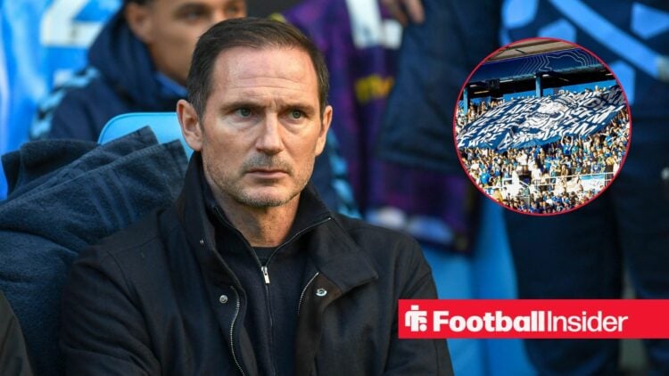 Frank Lampard looking at Birmingham City banner in circle