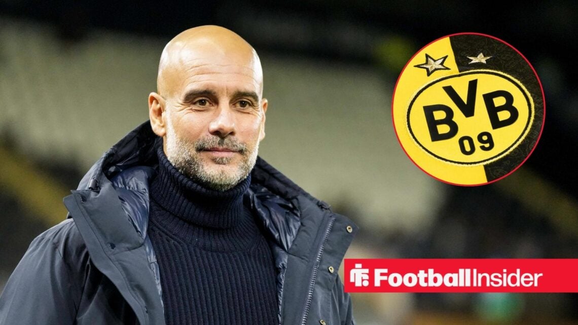 Manchester City manager Pep Guardiola with Borussia Dortmund badge inset