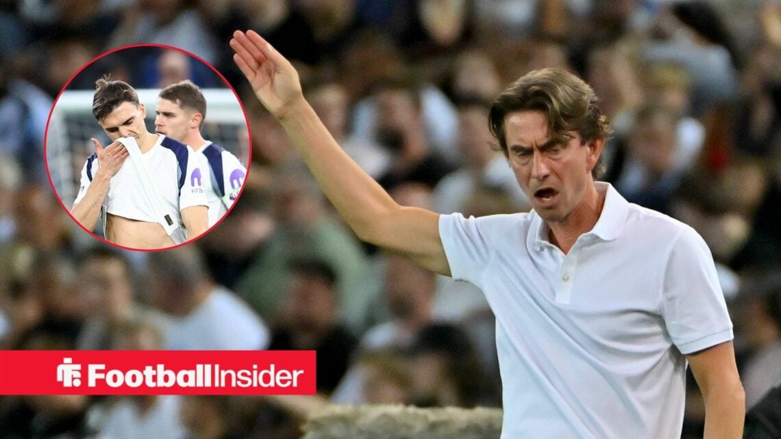 Tottenham manager Thomas Frank shouts with Tottenham midfielder Joao Palhinha inset