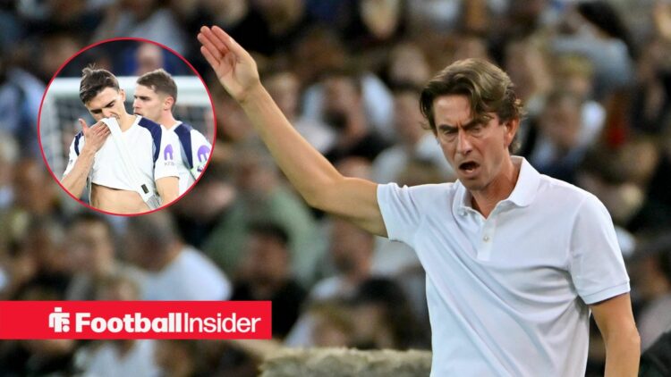 Tottenham manager Thomas Frank shouts with Tottenham midfielder Joao Palhinha inset