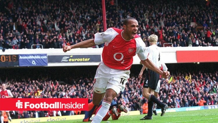 Arsenal striker Thierry Henry celebrates scoring vs Liverpool