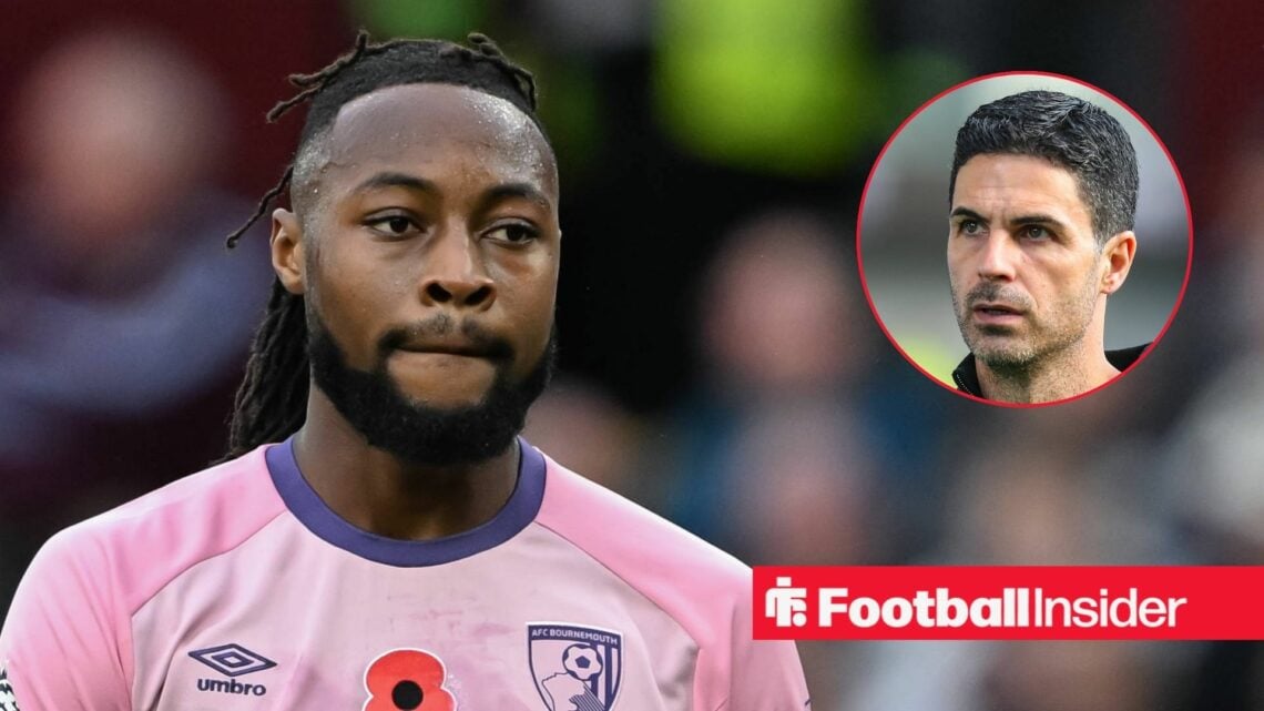 Bournemouth winger Antoine Semenyo with Arsenal manager Mikel Arteta inset