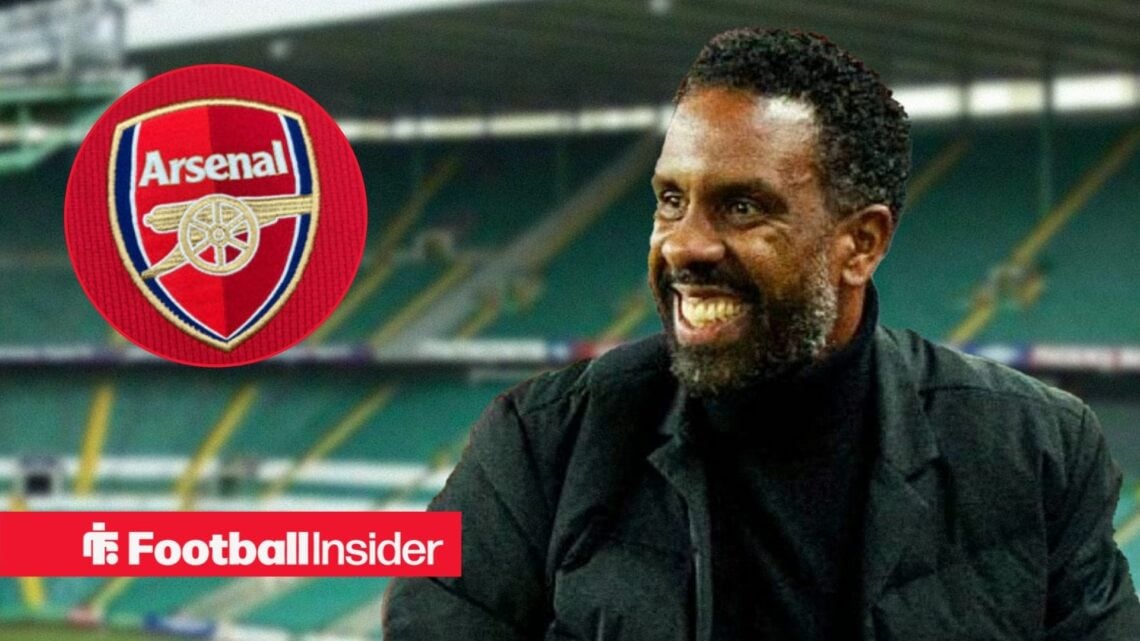 Celtic manager Wilfried Nancy smiles with Arsenal badge inset