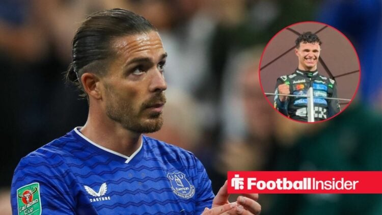 Everton winger Jack Grealish claps with McLaren driver Lando Norris celebrates inset