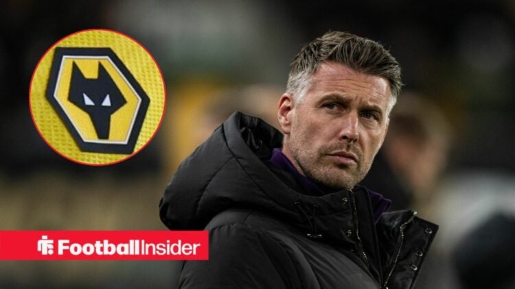 Rob Edwards looking at Wolves badge in circle