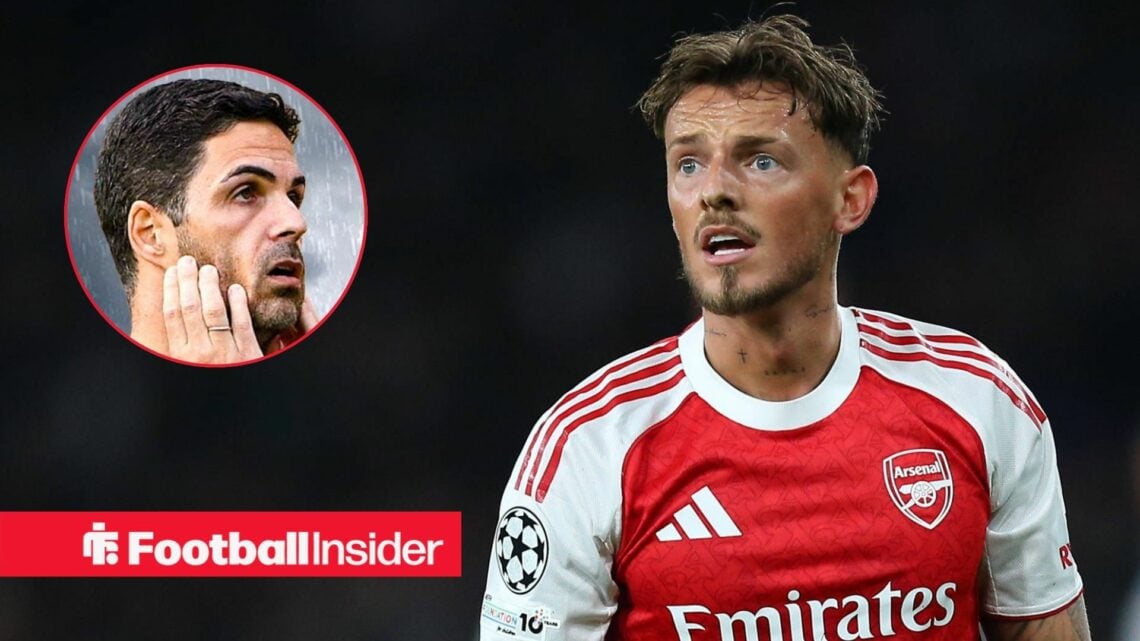 Arsenal defender Ben White with Mikel Arteta looking sad inset