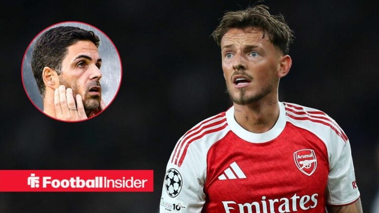 Arsenal defender Ben White with Mikel Arteta looking sad inset