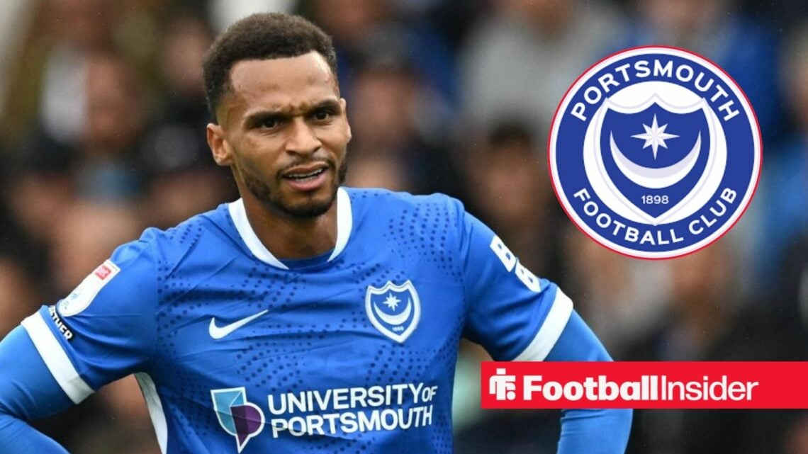 Portsmouth winger Josh Murphy with Portsmouth badge inset