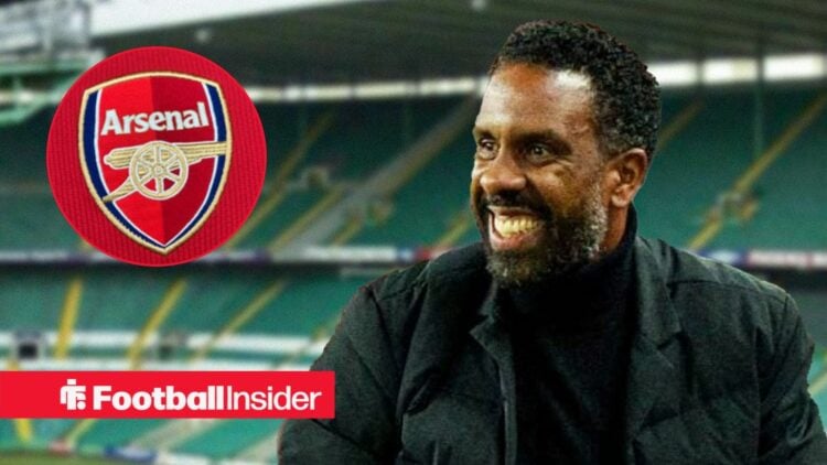Celtic manager Wilfried Nancy smiles with Arsenal badge inset