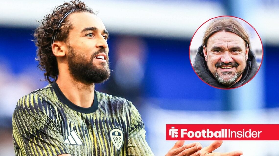 Leeds United striker Dominic Calvert-Lewin smiles with Daniel Farke inset