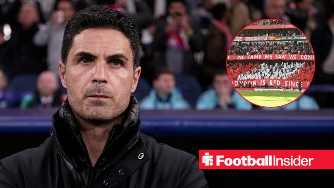 Arsenal manager Mikel Arteta with Arsenal fans inset